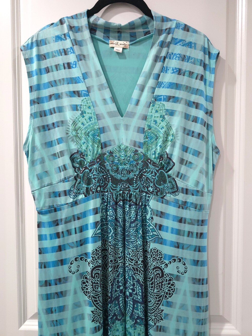 WORLD UNITY Boho Summer Resort Sleeveless V-Neck Maxi Dress, Stretchy, Size XL - Picture 3 of 15